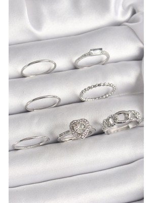 Aylina Mey Ithalat® Pirinç Gümüş Renk Zirkon Taşlı Kalp Model Kadın Yüzük Kombini