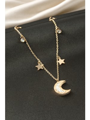 Makay Hilal Yıldız Taşlı Çelik Kolye