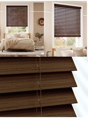 YS Perde Tasarım Wooden Blinds %100 Doğal Ahşap Jaluzi Perde , 50MM Alüminyum Kasalı Yüksek Kaliteli - Kahve (M.i) MKV/MİJ0314