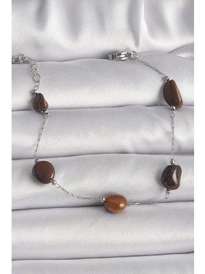 Aylina Mey Ithalat® 316L Çelik Gümüş Renk Zincir Kahverengi Doğaltaş Model Kadın Bileklik