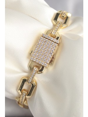 Aylina Mey Ithalat® Pirinç Gold Renk Zirkon Taş Detaylı Kare Zincir Model Xuping Vıp Exculusive Seri Kadın Bileklik