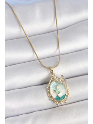 Aylina Mey Ithalat® 316L Çelik Gold Renk Zincir Mavi Mineli Çiçek Işlemeli Zirkon Taş Detaylı Portre Model Kadın Kolye