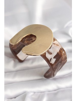 Aylina Mey Ithalat® Kahverengi Mermer Desen Akrilik Plastik Gold Nal Model Plaka Vintage Kadın Bilezik