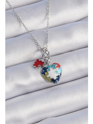 Aylina Mey Ithalat® 316L Çelik Gümüş Renk Yapboz Motif Kalp Figür Charm Model Kadın Kolye