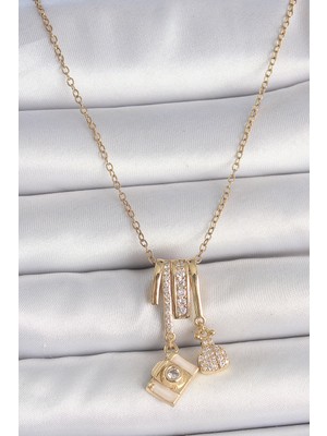 Aylina Mey Ithalat® 316L Çelik Gold Renk Zirkon Taşlı Sallantı Fotoğraf Makinası Figür Charm Kadın Kolye