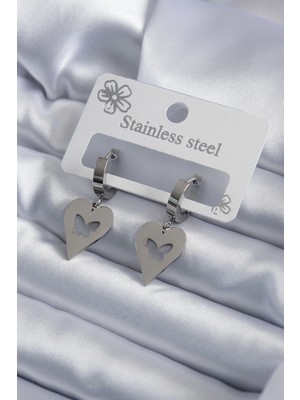 Aylina Mey Ithalat® 316L Çelik Gümüş Renk Kalp Model Kelebek Işleme Kadın Küpe