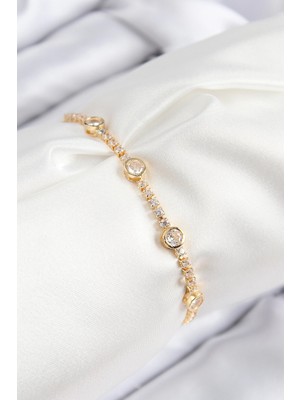 Aylina Mey Ithalat® Pirinç Zirkon Taşlı Daire Model Gold Renk Asansörlü Kadın Bileklik