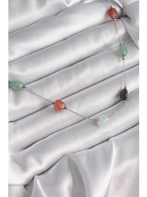 Aylina Mey Ithalat® 316L Çelik Gümüş Renk Zincir Renkli Doğaltaş Model Kadın Kolye