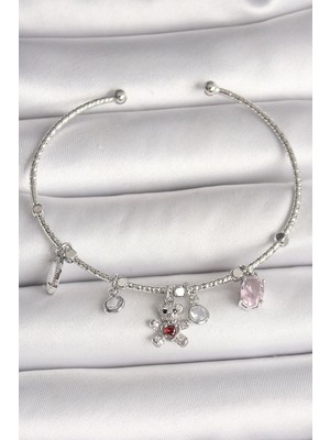 Aylina Mey Ithalat® Pirinç Gümüş Renk Sallantı Zirkon Taşlı Ayıcık Figür Kırmızı Taş Detay Charm Kadın Bileklik