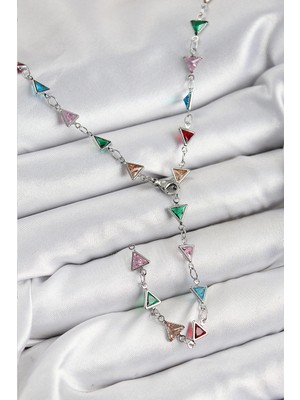 Aylina Mey Ithalat® Pirinç Renkli Zirkon Taşlı Üçgen Model Gümüş Renk Kadın Y Kolye