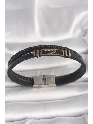Aylina Mey Ithalat® 316L Çelik Gold Renk Kanat Aksesuarlı Siyah Burgu Model Deri Kordon Erkek Bileklik