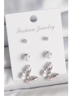 Aylina Mey Ithalat® Pirinç Gümüş Renk Zirkon Taşlı Inci Detaylı Kelebek Model 3 Çift Kadın Küpe Seti