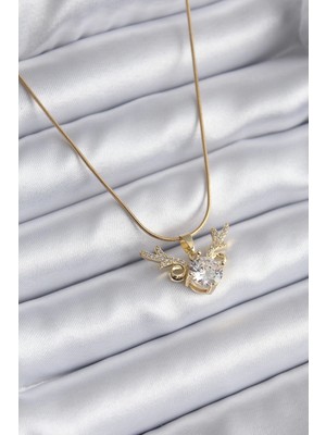 Aylina Mey Ithalat® 316L Çelik Gold Renk Zirkon Taşlı Boynuz Model Kadın Kolye