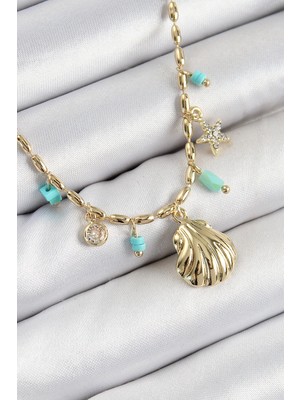 Aylina Mey Ithalat® Pirinç Zirkon Taşlı Deniz Kabuğu Model Gold Renk Kadın Kolye