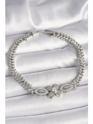 Aylina Mey Ithalat® Pirinç Gümüş Renk Zirkon Taşlı Çiçek Figür Arpa Zincir Model Kadın Bileklik