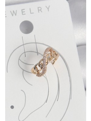 Aylina Mey Ithalat® Pirinç Gold Renk Zirkon Taşlı Sonsuzluk Zincir Model Kadın Kıkırdak Küpe