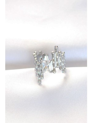 Aylina Mey Ithalat® Silver Renk Tırtıklı Kalın Baget Taş Tasarım Ayarlanabilir Yüzük