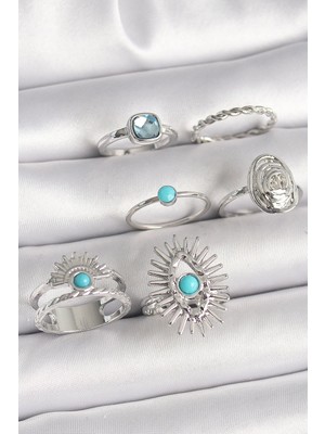 Aylina Mey Ithalat® Pirinç Gümüş Renk Mavi Taşlı Kare Zirkon Taş Detaylı Kadın Yüzük Kombini