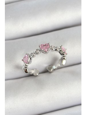 Aylina Mey Ithalat® Pirinç Sıralı Kalp Figürlü Zirkon Taşlı Gümüş Renk Ayarlanabilir Kadın Yüzük