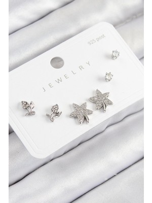 Aylina Mey Ithalat® Pirinç Zirkon Taşlı Yıldız ve Gül Model Gümüş Renk 925 Ayar Gümüş Çivi Kadın Küpe Set