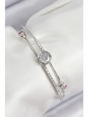 Aylina Mey Ithalat® Pirinç Zirkon Taşlı Pırlanta Model Gümüş Renk Kadın Bileklik