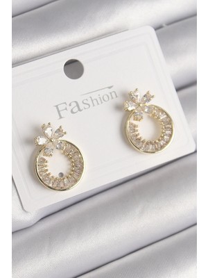 Aylina Mey Ithalat® Pirinç Gold Renk Zirkon Taşlı Halka Model Çiçek Figür Kadın Küpe