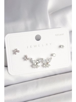 Aylina Mey Ithalat® 925 Ayar Gümüş Çivi Pirinç Zirkon Taşlı Kelebek Model Kadın Küpe Seti