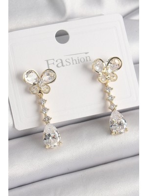 Aylina Mey Ithalat® Pirinç Gold Renk Zirkon Taşlı Kelebek Model Sallantı Damla Zirkon Taş Kadın Küpe