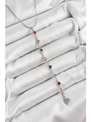 Aylina Mey Ithalat® Pirinç Gümüş Renk Karışık Renk Zirkon Taşlı Kalpli Y Kadın Kolye