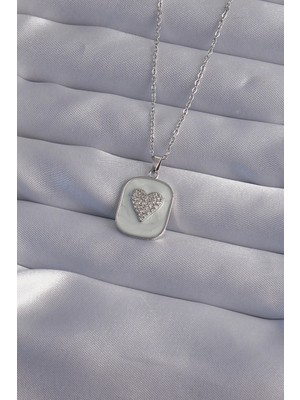 Aylina Mey Ithalat® 316L Çelik Zincir Mermer Desenli Gümüş Renk Zirkon Taşlı Kalp Model Kolye