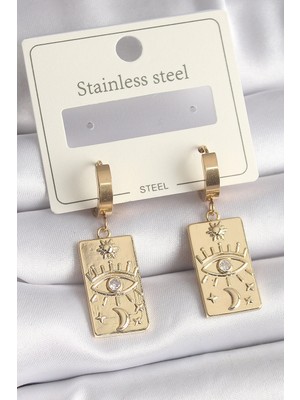 Aylina Mey Ithalat® 316L Çelik Gold Renk Zirkon Taşlı Göz Işleme Detay Plaka Model Kadın Küpe