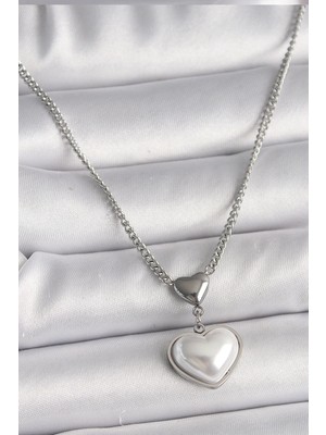 Aylina Mey Ithalat® 316L Çelik Gümüş Renk Zincir 3D Kalp Model Kadın Kolye