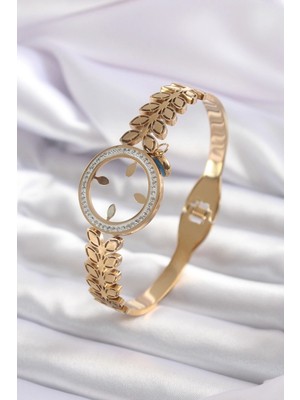 Aylina Mey Ithalat® 316L Çelik Gold Renk Çeyrek Takılabilen Zirkon Taş Detay Kadın Kelepçe