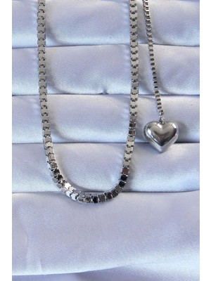 Aylina Mey Ithalat® 316L Çelik Gümüş Renk Küp Zincirli Kalpli Kolye