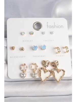 Aylina Mey Ithalat® Pirinç Gold Renk Zirkon Taşlı Sallantı Beyaz Sedefli Kalp Model 7 Çift Kadın Küpe Seti