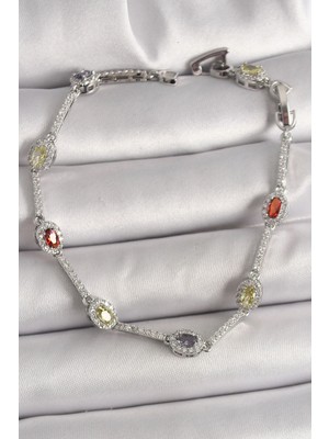 Aylina Mey Ithalat® Pirinç Gümüş Renk Renkli Zirkon Taşlı Damla Taş Model Kadın Bileklik