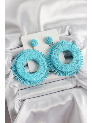 Aylina Mey Ithalat® Mavi Püsküllü Halka Figürlü Hasır Örgü Model Gold Renk Kadın Küpe