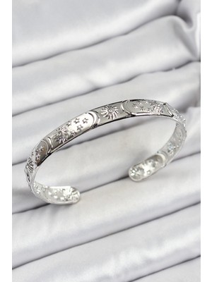 Aylina Mey Ithalat® Pirinç Gümüş Renk Işlemeli Altı Açık Bileklik