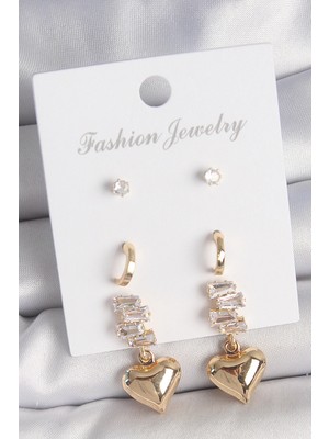 Aylina Mey Ithalat® Pirinç Gold Renk Zirkon Taşlı Sallantılı Kalp Model Yarım Halka Detay 3 Çift Kadın Küpe Seti