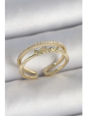 Aylina Mey Ithalat® Pirinç Gold Renk 2'li Sıra Zirkon Taş Detaylı Kelebek Figürlü Ayarlanabilir Model Kadın Yüzük