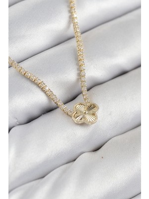 Aylina Mey Ithalat® Pirinç Zirkon Taşlı Yonca Model Gold Renk Kadın Kolye
