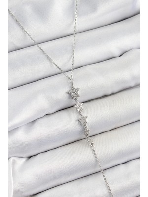 Aylina Mey Ithalat® Pirinç Zirkon Taşlı Sıralı Yıldız Figürlü Y Model Gümüş Renk Kadın Kolye