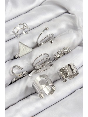 Aylina Mey Ithalat® Pirinç Üçgen Model Gümüş Renk Kadın Yüzük Kombin Set