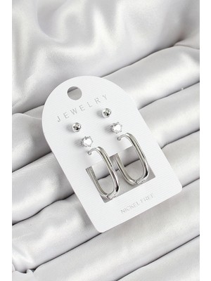 Aylina Mey Ithalat® Pirinç Zirkon Taş ve Dikdörtgen Figürlü Gümüş Renk 3'lü Çift Kadın Küpe Set