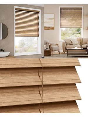 YS Perde Tasarım Wooden Blinds %100 Doğal Ahşap Jaluzi Perde , 50MM Alüminyum Kasalı Yüksek Kaliteli - Açık Meşe (M.i) MSJ/MİJ2722