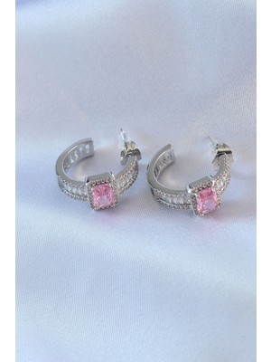 Aylina Mey Ithalat® Vıp Seri Gümüş Renk Yarım Halka Model Zirkon Taşlı Pirinç Kadın Küpe