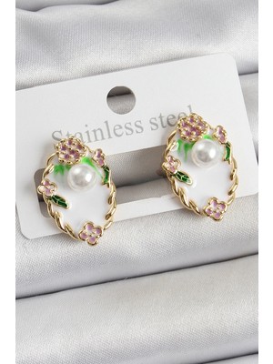 Aylina Mey Ithalat® Pirinç Beyaz Mineli Inci Detaylı Sanatsal Portre Model Gold Renk Kadın Küpe