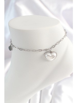 Aylina Mey Ithalat® 316L Çelik Gümüş Renk Zincir Model 3D Kalp Beyaz Kalp Figür Kadın Halhal