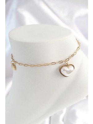 Aylina Mey Ithalat® 316L Çelik Gold Renk Zincir Model 3D Inci Kalp Model Kadın Halhal