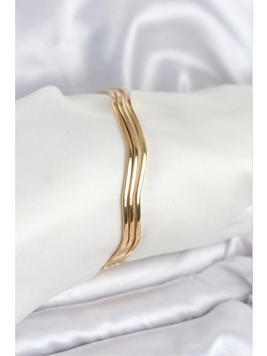 Aylina Mey Ithalat® 316L Çelik Gold Renk 65 mm Ajda Zikzak Model 3lü Kadın Bileklik
